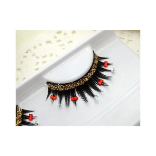 1Pairs/lot Rhinestone false eyelashes lovely bowknot + golden glitter eyelashes Latin dance performance photo of brides makeup
