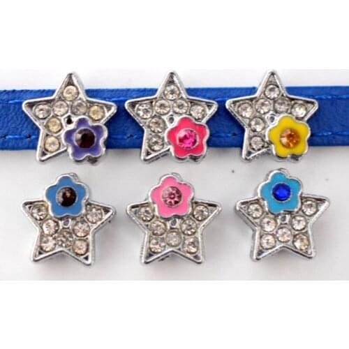10PCS 8mm Alloy Rhinestone Silver Flower Star Slide Charms Slide Beads DIY 8mm Bracelets Wristbands,Belt Straps Pet Name Collar