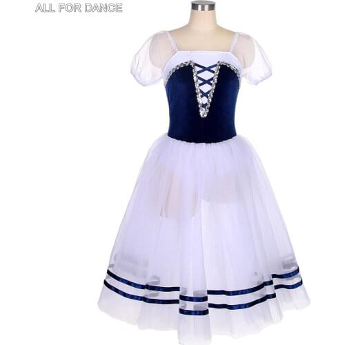 Royal Blue Velvet Stretch Bodice with Puff Sleeve Long Ballet Tutu for Girl & Women Ballerina Dance Costume PRactice Dress 18700