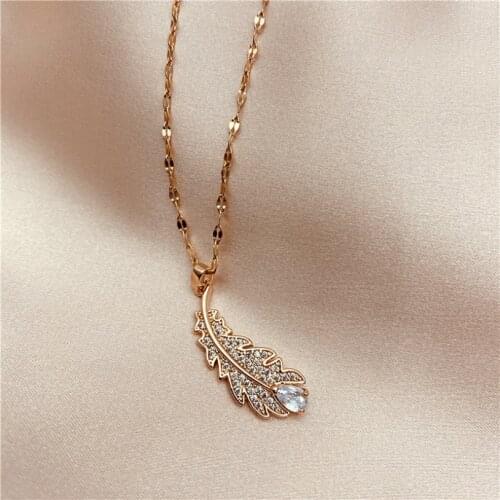 316L Stainless Steel Fashion Fine Jewelry Elegant Embedded Zircon Feather Shape Charms Chain Choker Necklaces Pendants For Women