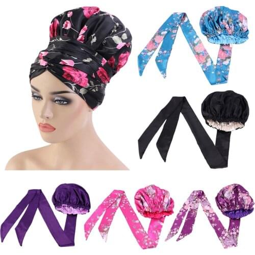 Satin Scarf Hijab Turban Women Muslim Print Bonnet Long Tail Hat Elastic Beanie Stretch Chemo Cap Night Sleep Head Wrap Skullies
