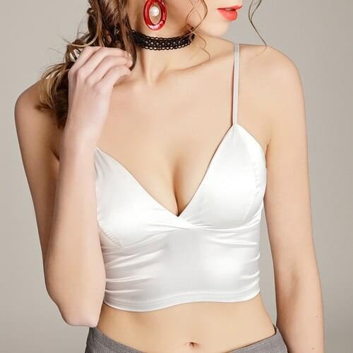 Satin Crop Top Women Shirts Sexy Sleeveless Brallete Deep V Neck Top Camisole Tank Summer Fashion 2018 Spaghetti Fitness Clothes