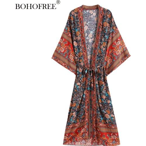 Boho Vintage Floral Print Long Duster Bohemian Chic Rayon Cotton Batwing Sleeve Maxi Hippie Vestidos Womens Kimono Jacket Dress