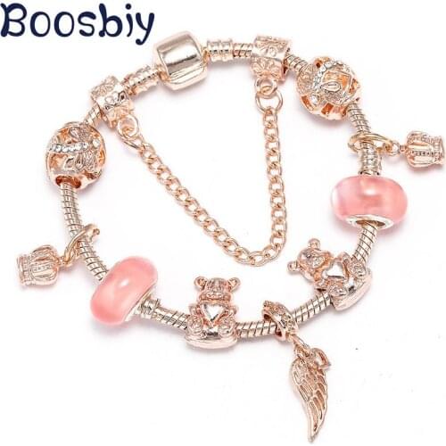 Boosbiy DIY Rose Gold Wing & Bear Charms Beads Fits Fashion Rose Gold Brand Charm Bracelet For Women Jewelry Gift