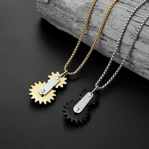 Trend Stainless Steel Rotatable Double Gear Pendant Necklace Men woman Punk Rock Gift For Boys girls with Chain Pendant Jewelry