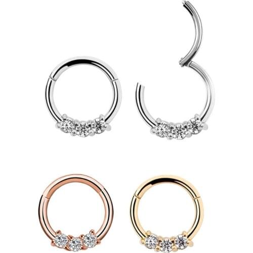 1Pc Three CZ Seamless Ring Hoop 16G CZ Gems Seamless Hinged Segment Ring Clicker Cartilage Nose/Lip/Ear Hoop Septum 16G