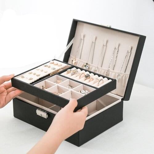 Leather Jewelry Box Storage Ring Double-Layer Wooden Case Display Holder Women Gift with Lock Necklace Ring Holder display box