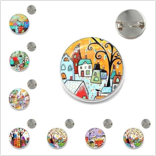 Colorful House and Tree Brooch Pin Cute Abstract Oil Painting House Glass Cabochon Brooches Cartoon Painting Pins for Women Gift