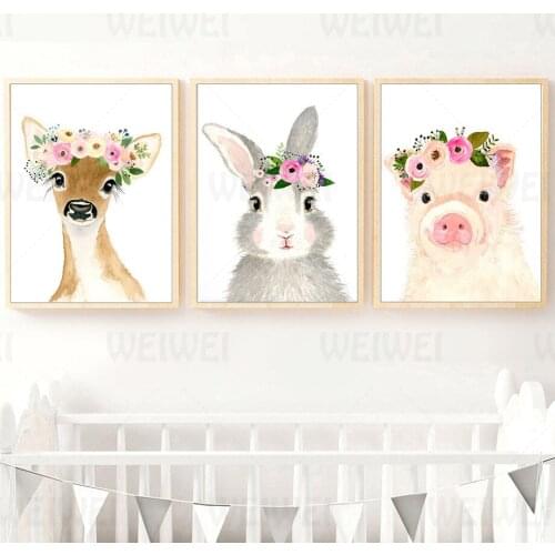 Small Animal Childrens Room Decoration Painting with Garland Deer Rabbit Piggy Hedgehog Duck Cat Living Room Wall Canvas Poster