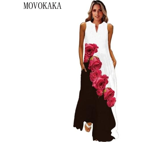 MOVOKAKA New Red Rose Print Maxi Dress 2021 Casual Vintage Sleeveless Long Dresses Summer Woman Girls Summer Beach Womens Dress