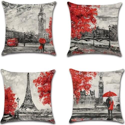 ROMANZO 45*45CM Linen Eiffel Tower Big Ben Cushion Cover Red Love Pattern Pillow Case Home Sofa Car Decorative Pillow Case