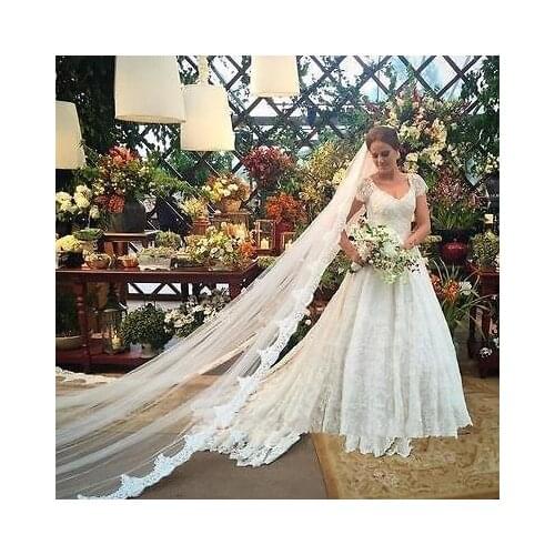 One Layer Cathedral Wedding Veil Lace Ivory White Bridal Veil with Comb 1T 3.5M Long
