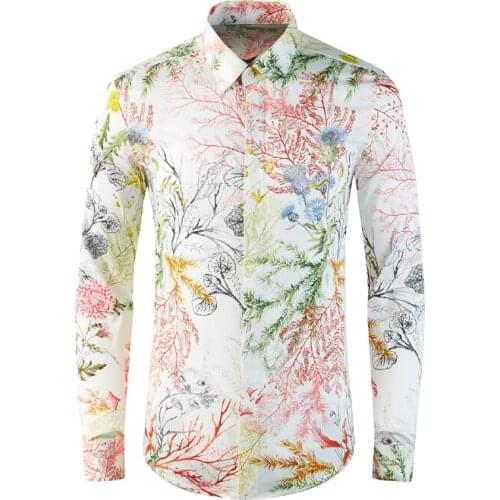 Seaweed Pattern Digital Printing Style 100% Cotton Men shirt long sleeve collar Casual chemise homme Brand Male Dress Shirts