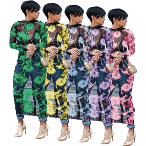 Sexy Perspective Floral Mesh Dress Women Fashion Long Sleeve Bodycon Club Party Wear See Through Turtleneck Spring Clothes 2021