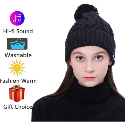 Bluetooth Cap V5.0 Knitted Hat with Ball Wireless Earphone Call Music Winter Warm Hat for Outdoor Sports, Blue