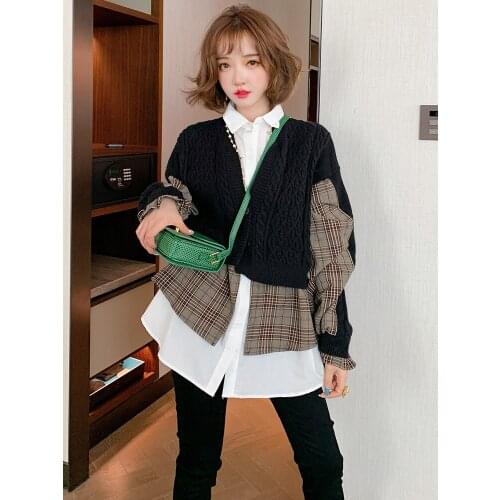 Leisure shirt collar knitting splicing plaid holiday two jackets womens new winter 2020