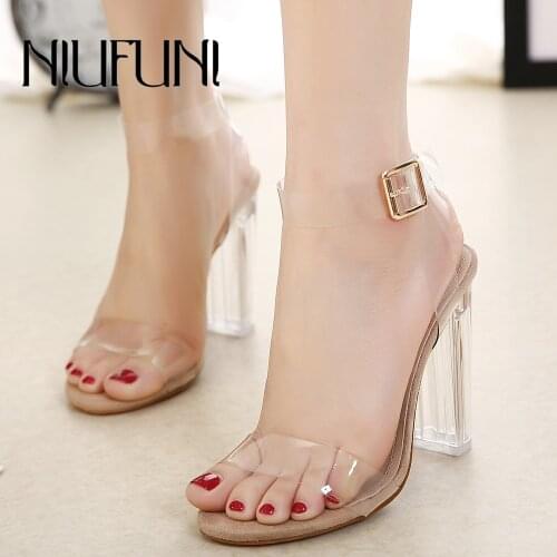 NIUFUNI 2020 PVC Women Pumps Sexy Clear Transparent Ankle Strap High Heels Party Sandalias Women Shoes Sapatos zapatos mujer