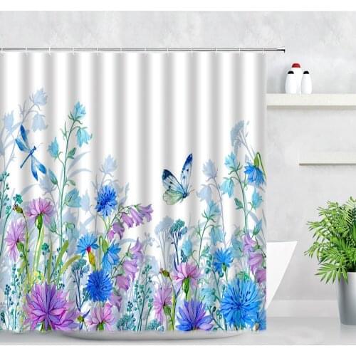 Blue Flowers Waterproof Shower Curtains Butterfly Watercolor Floral Plant Rural Scenery Fabric Bathroom Decor Bath Curtain Hooks