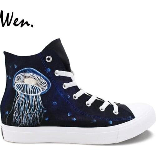 Wen Hand Painted Shoes Design Jellyfish Marine Custom High Top Black Unisex Athletic Canvas Shoes Boy Girl Skateboard Sneakers
