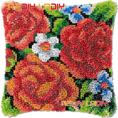 Latch Hook Cushion Rose Bouquet DIY Needlepoint Kits Chunky Acrylic Yarn Arts Crocheting Lofty Pillow Case Hobby & Crafts