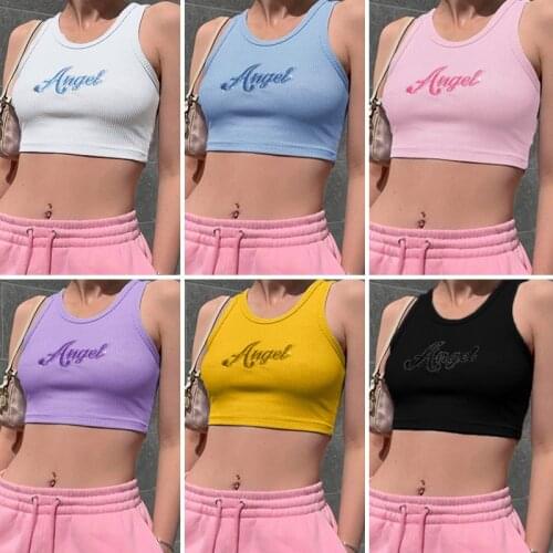 Women Letter Print Camisole Summer Female Sexy Round Neck Sleeveless Slim Elastic Midriff-Baring Tank Tops White Blue Pink Black