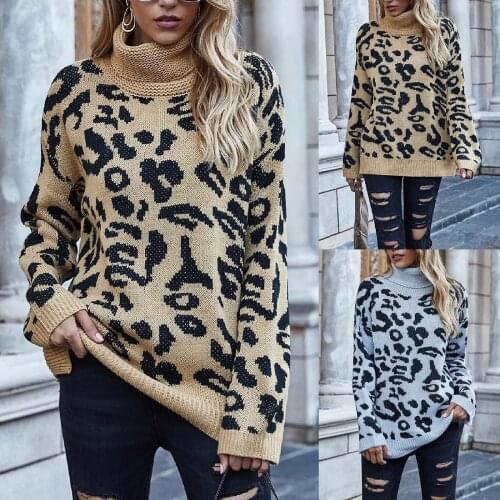 2021 Ladies Leopard Print Turtleneck Sweater Autumn Long Sleeve Pullover Spring Fashion Loose Casual Oversized Sweater Pullover