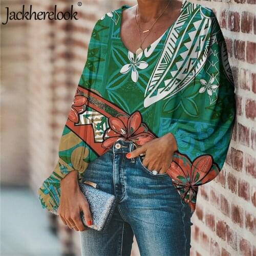 Jackherelook Plus Size Women Lantern Sleeve Blouses Polynesian Tattoo Hawaiian Hibiscus Print Spring/Autumn Tops Female Shirts