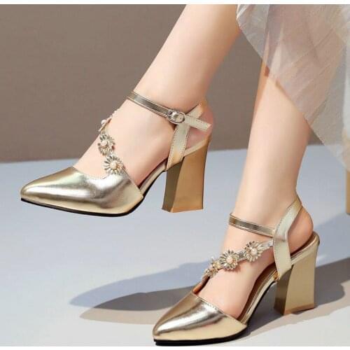 Women Pointed Toe Square High Heel Women Pumps Slingback All Match Sexy Women Shoes Gold/silver Casual Ladies Pumps Size 32-45