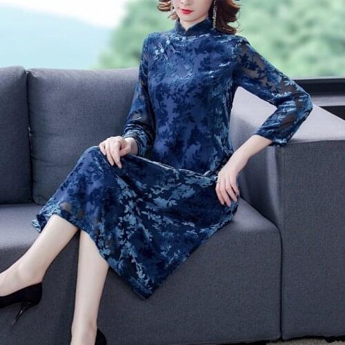 Spring Fall Women Mandarin Collar 3/4 Sleeve Velvet Cheongsam Dress , Womens Blue Dobby Flower Velour Chipao Dresses