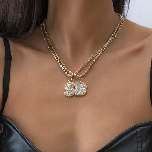 Fashion Punk Rhinestone Letters Pendant Necklace for Women Double Layer Vintage Geometric Clavicle Necklace Colar Jewelry Gift