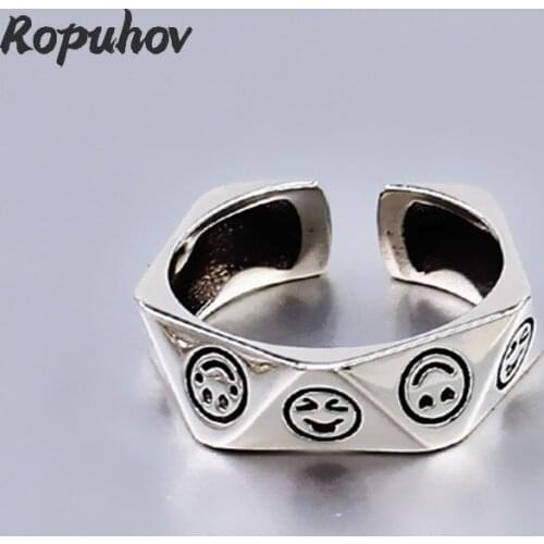 Ropuhov 2021 New 925 Silver Korea Smiling Face Ring Women Simple Lovely Expression Bag Retro Made Old Water Chestnut Smile Ring