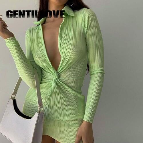 Lady Polo Collar Sexy Mini Dress Solid Long Sleeve V Neck Fashion Knotted Shirt Style Elegant Lady Office Party Streetwear Chic