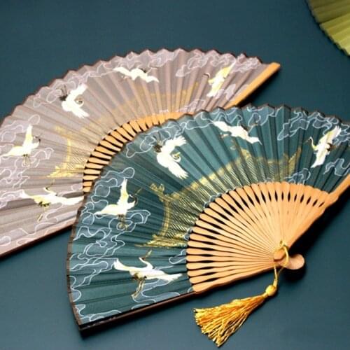 1Pc Folding Fan Crane Decorative Craft Bamboo Silk Chinese Hanfu Accessories Foldable Lady Photography Props Home Ornaments Fan