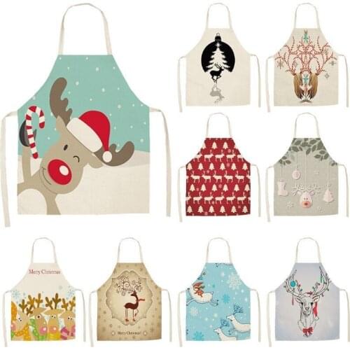 1Pcs Lovely Deer Christmas Apron for Woman Pinafore Cotton Linen Aprons 53*65cm Home Kitchen Cooking Baking Cleaning Bibs
