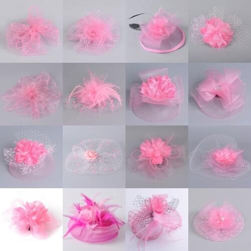 16design Women Lady Pink Handmade Hat Veil Lace Flower Burlesque Millinery Party Fascinator Hair Piece Clip Accessory