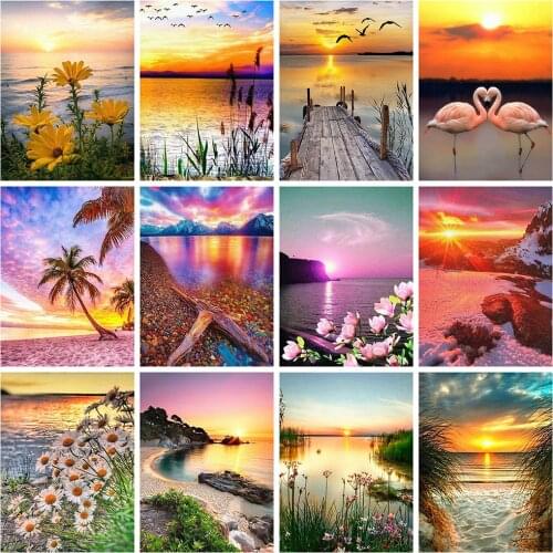 Huacan Diamond Embroidery Complete Kit Sunset 5D DIY Diamond Painting Flower Landscape Mosaic Seaside Gift Creative Hobbies