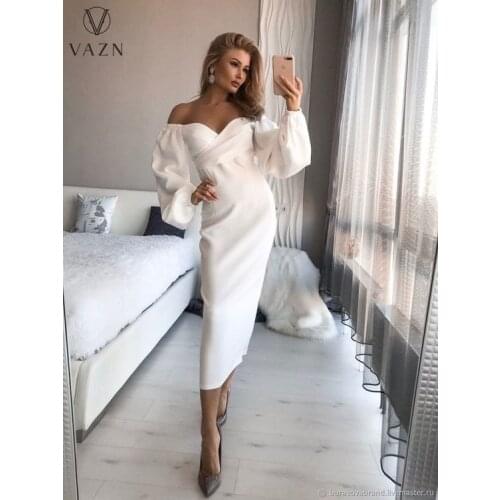 VAZN 2021 Autumn White Long Dress Sweet Strapless Full Sleeve High Waist Thin Maxi Dresses Clothing Young Lady Dress