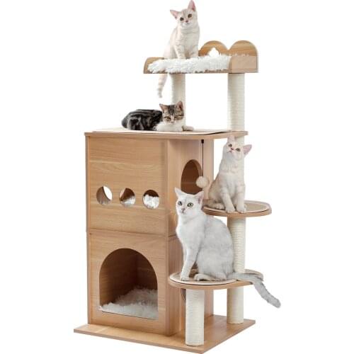 Free Shipping Modern Wood Cat Tree Cat Tower Cat Activity Center Wooden Wooden Cat Condo Furniture for Kittens and Cats