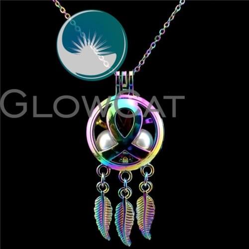 C725 Rainbow Breast Cancer Ribbon Dream Catcher Beads Cage Essential Oil Diffuser Pearl Cage Locket Necklace Girl Friend Gift