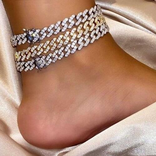 Flatfoosie Hip Hop Cuban Link Anklet Wholesale Jewelry for Women Iced Out Bling Rhinestone Anklet Barefoot Sandals Foot Jewelry