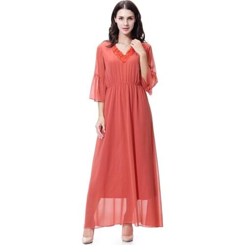 Muslim Abaya Women V Neck Chiffon Lace and Diamond Half Sleeves Causal Maxi Dress Lady Solid Color Long Robe Thobe