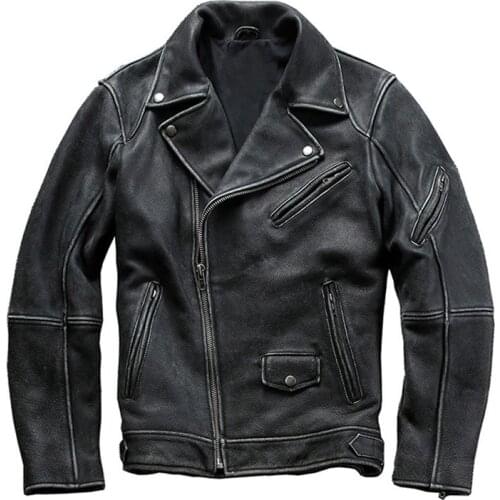 Mens Genuine Leather Jacket Top Layer Cowhide Distressed Oblique Zipper Thicken Motorcycle Genuine Leather Coat