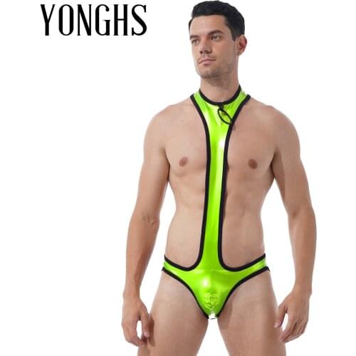 Mens Lingerie Open Butt Bodysuit Underwear O Ring Patent Leather Sexy Teddies Clubwear Round Neck Bulge Pouch Stage Show Costume