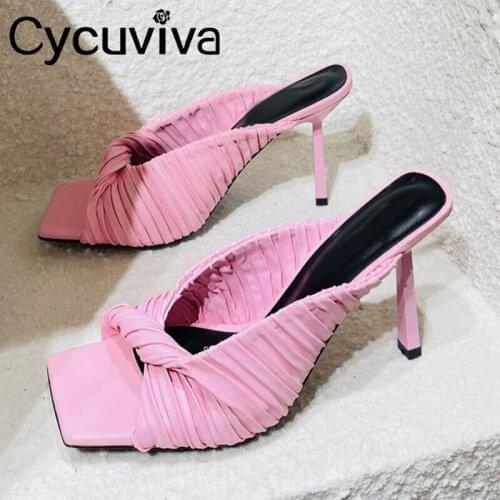 Sexy Square Toe Mules High Heel Shoes Women Slippers Slip On Party Nightclub Slides Pink blue Designer Runway Shoes For Women
