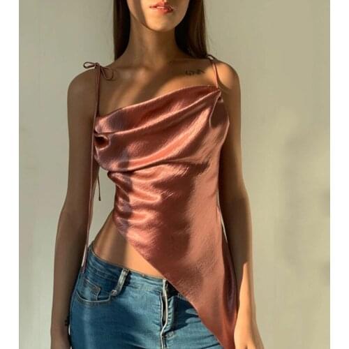 2021 summer/autumn new ins popular European and American solid sexy Satin suspender irregular backless tops for women Camis