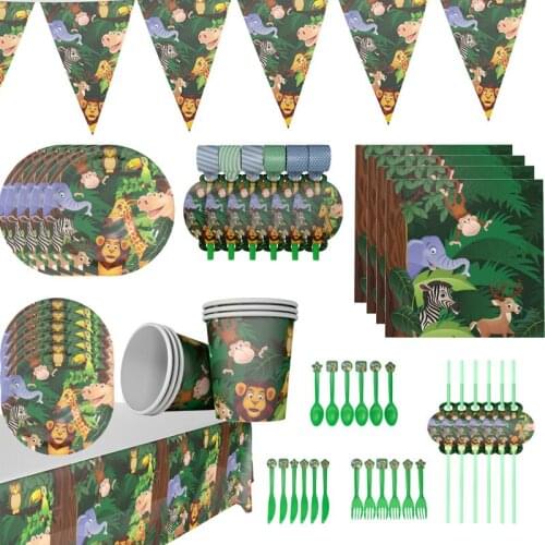 Animal Jungle Theme Cartoon Birthday Party Disposable Lion Tiger Tableware Paper Plate Cup Napkin Zoo Party Supplies