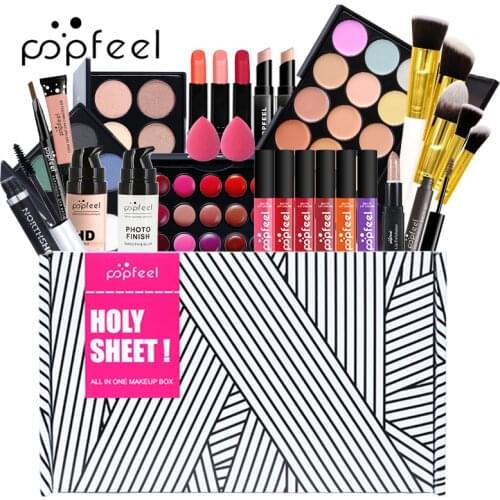 POPFEEL ALL IN ONE Full Makeup Kit For Beginner Girl Multiple Sets Eyeshadow Concealer Highlight Lip gloss Lipstick Makeup Brush
