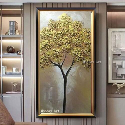 Hand painted thick textured trees oil painting tree picture Relief artwork vertical golden canvas picture wall canvas painting