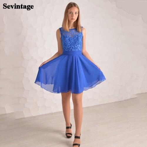 Sevintage Royal Blue Chiffon Bridesmaid Dresses Above Knee Mini Homecoming Dress Lace Prom Party Gowns with Sashes Custom Made