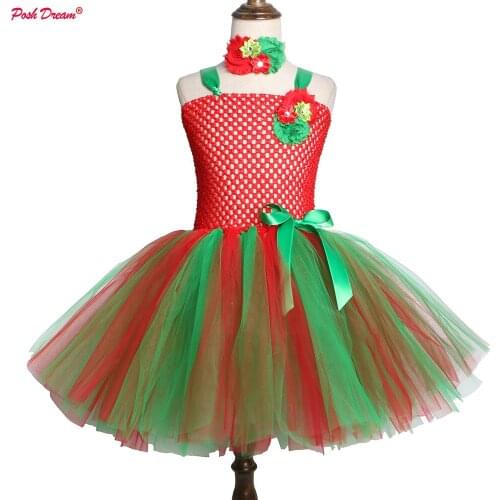 POSH DREAM Christmas Kids Girls Tutu Dresses for Party Red and Green Flower Christmas Party Clothes for Baby Girls Toddler